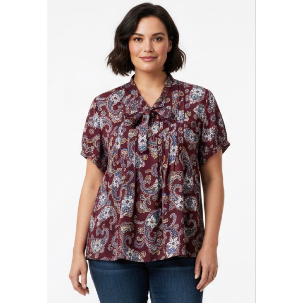 Lands' End Blouse Size 14 Burgundy Blue Paisley